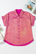 Load image into Gallery viewer, Pink Metallic Sheen Short Sleeve Buttoned Front Casual Shirt - Fashion Queen -  18
