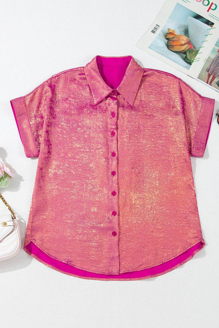 Pink Metallic Sheen Short Sleeve Buttoned Front Casual Shirt - Fashion Queen -  18