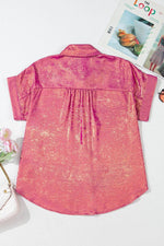 Load image into Gallery viewer, Pink Metallic Sheen Short Sleeve Buttoned Front Casual Shirt - Fashion Queen -  19

