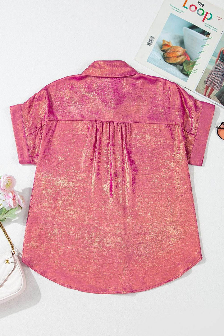 Pink Metallic Sheen Short Sleeve Buttoned Front Casual Shirt - Fashion Queen -  19