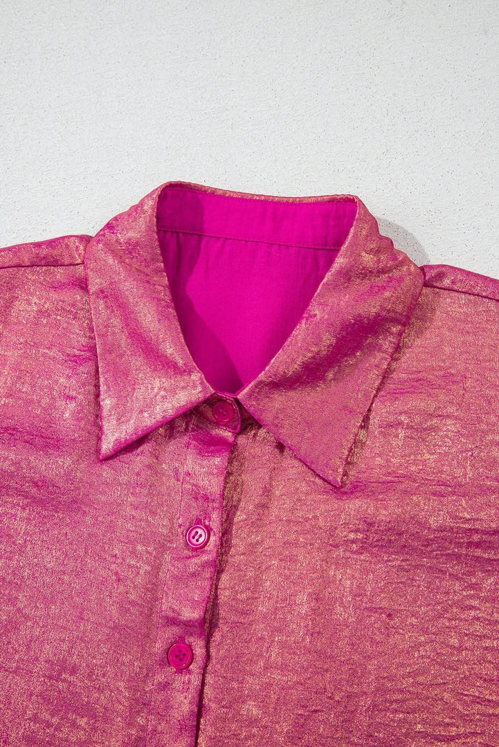 Pink Metallic Sheen Short Sleeve Buttoned Front Casual Shirt - Fashion Queen -  20