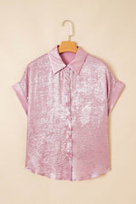 Load image into Gallery viewer, Pink Metallic Sheen Short Sleeve Buttoned Front Casual Shirt - Fashion Queen -  27
