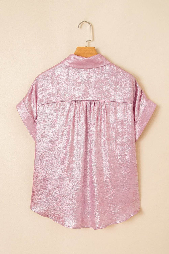 Pink Metallic Sheen Short Sleeve Buttoned Front Casual Shirt - Fashion Queen -  28