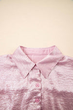 Load image into Gallery viewer, Pink Metallic Sheen Short Sleeve Buttoned Front Casual Shirt - Fashion Queen -  29

