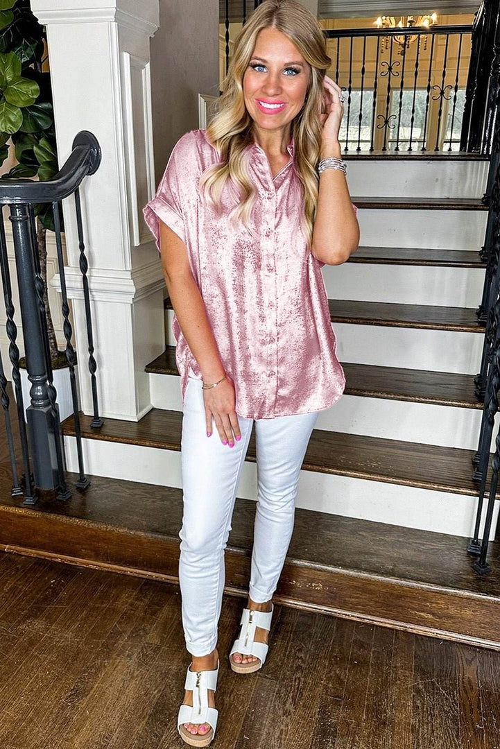 Pink Metallic Sheen Short Sleeve Buttoned Front Casual Shirt - Fashion Queen -  3