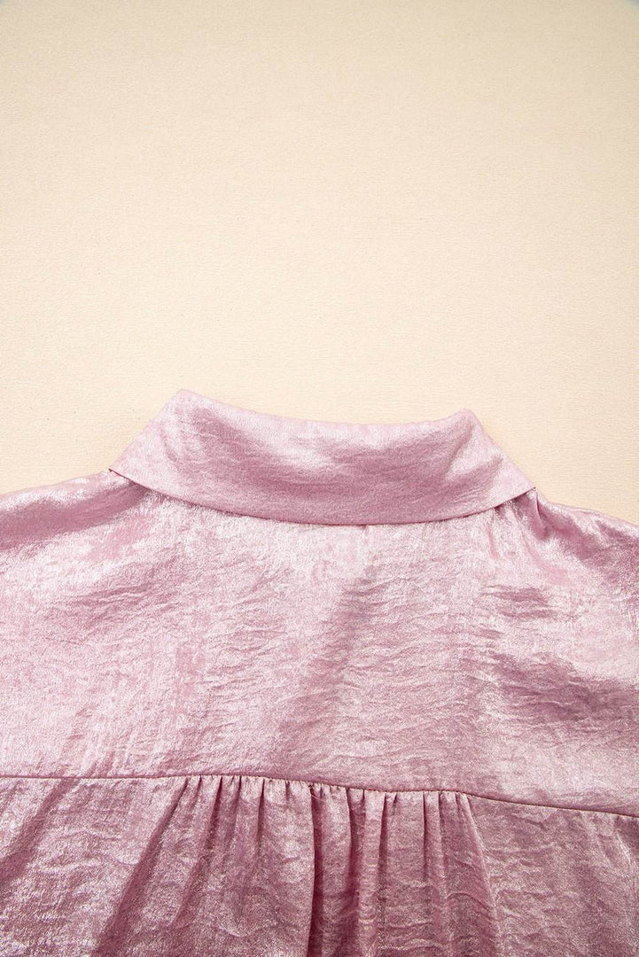 Pink Metallic Sheen Short Sleeve Buttoned Front Casual Shirt - Fashion Queen -  30
