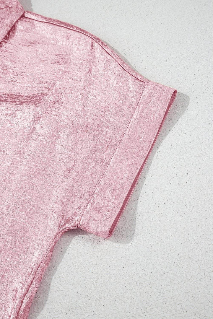 Pink Metallic Sheen Short Sleeve Buttoned Front Casual Shirt - Fashion Queen -  5