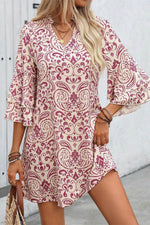 Load image into Gallery viewer, Pink Paisley Print Tiered 3/4 Sleeve Notched Neck Mini Dress - Fashion Queen -  1
