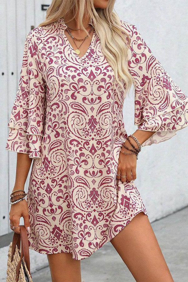 Pink Paisley Print Tiered 3/4 Sleeve Notched Neck Mini Dress - Fashion Queen -  1