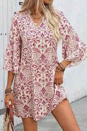 Pink Paisley Print Tiered 3/4 Sleeve Notched Neck Mini Dress - Fashion Queen -  1