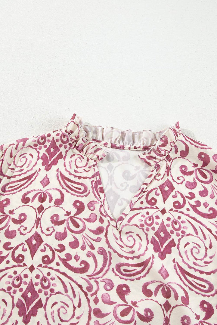 Pink Paisley Print Tiered 3/4 Sleeve Notched Neck Mini Dress - Fashion Queen -  10