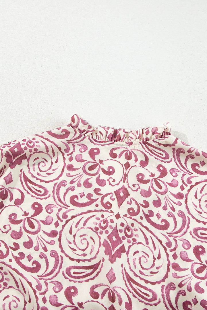 Pink Paisley Print Tiered 3/4 Sleeve Notched Neck Mini Dress - Fashion Queen -  12