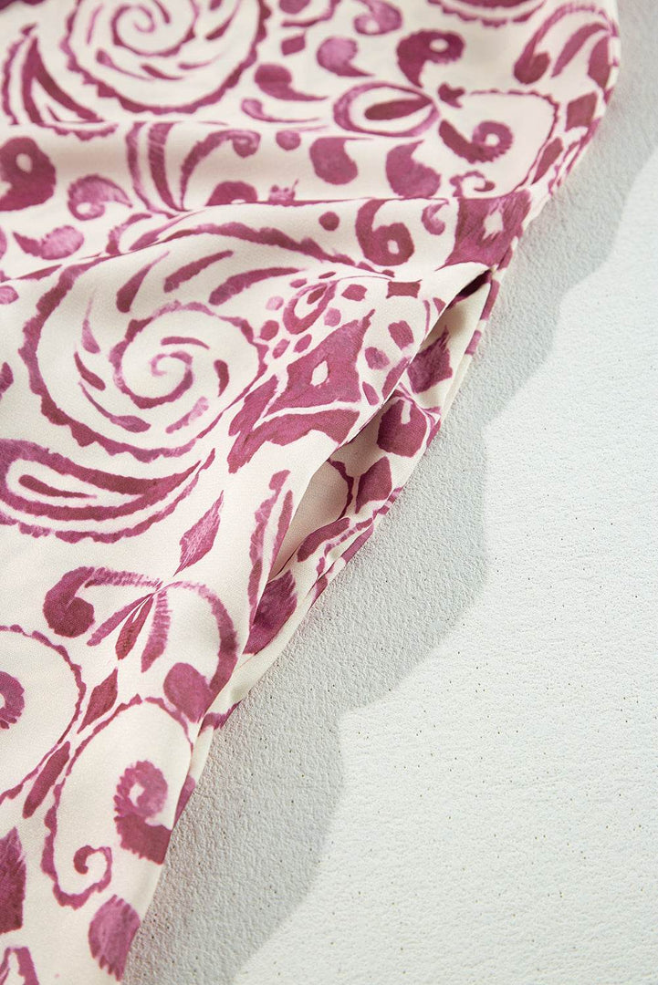 Pink Paisley Print Tiered 3/4 Sleeve Notched Neck Mini Dress - Fashion Queen -  14