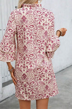 Load image into Gallery viewer, Pink Paisley Print Tiered 3/4 Sleeve Notched Neck Mini Dress - Fashion Queen -  2
