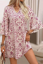 Load image into Gallery viewer, Pink Paisley Print Tiered 3/4 Sleeve Notched Neck Mini Dress - Fashion Queen -  3

