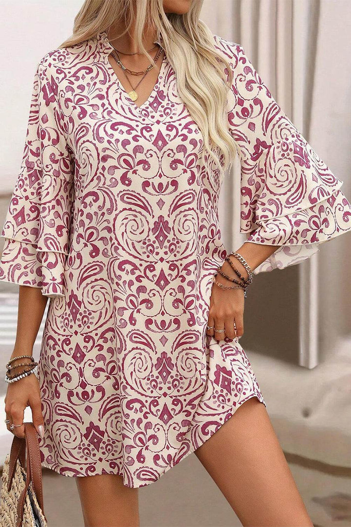 Pink Paisley Print Tiered 3/4 Sleeve Notched Neck Mini Dress - Fashion Queen -  3