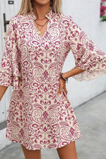 Load image into Gallery viewer, Pink Paisley Print Tiered 3/4 Sleeve Notched Neck Mini Dress - Fashion Queen -  4
