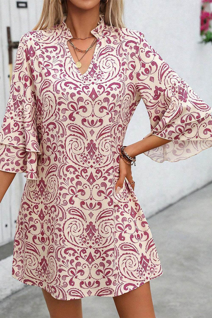Pink Paisley Print Tiered 3/4 Sleeve Notched Neck Mini Dress - Fashion Queen -  4