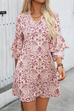 Load image into Gallery viewer, Pink Paisley Print Tiered 3/4 Sleeve Notched Neck Mini Dress - Fashion Queen -  5
