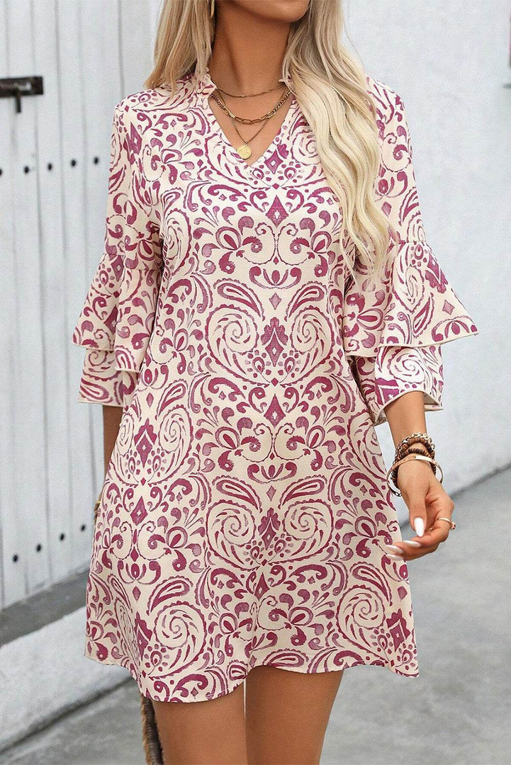 Pink Paisley Print Tiered 3/4 Sleeve Notched Neck Mini Dress - Fashion Queen -  5