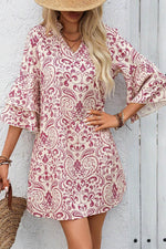 Load image into Gallery viewer, Pink Paisley Print Tiered 3/4 Sleeve Notched Neck Mini Dress - Fashion Queen -  6
