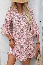 Load image into Gallery viewer, Pink Paisley Print Tiered 3/4 Sleeve Notched Neck Mini Dress - Fashion Queen -  7
