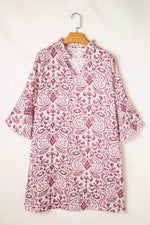 Load image into Gallery viewer, Pink Paisley Print Tiered 3/4 Sleeve Notched Neck Mini Dress - Fashion Queen -  8
