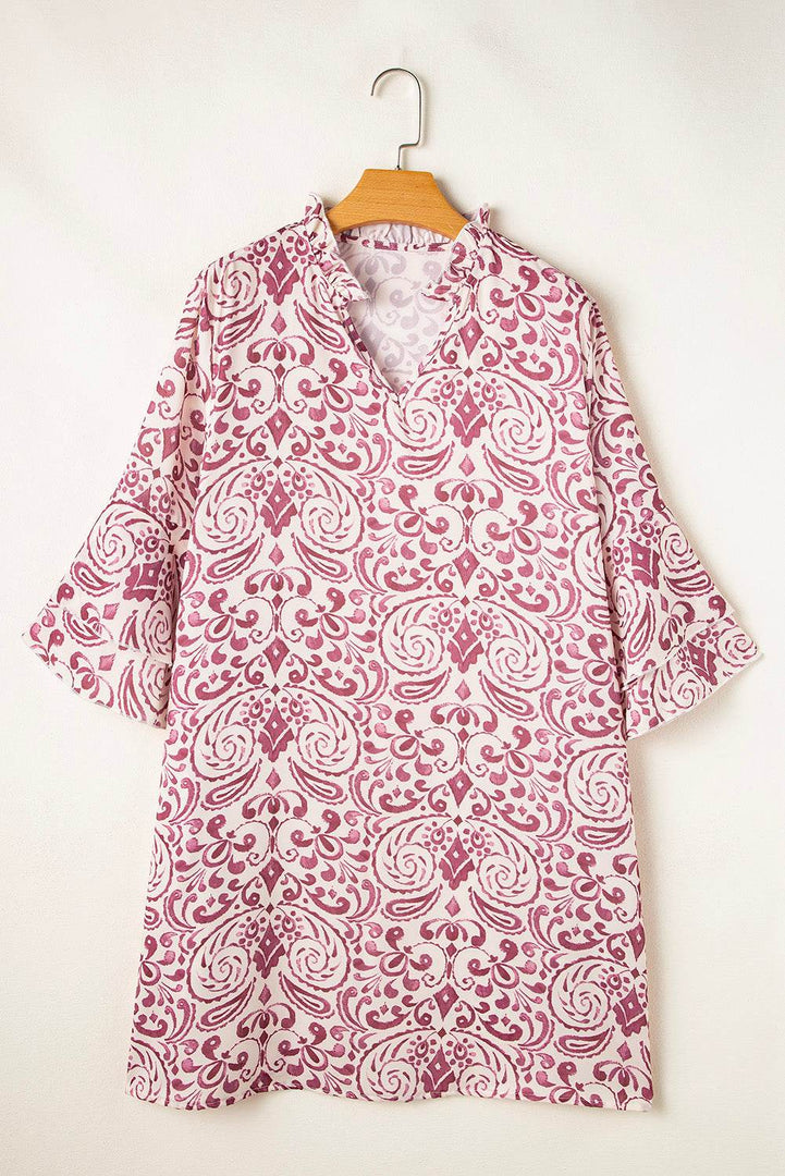 Pink Paisley Print Tiered 3/4 Sleeve Notched Neck Mini Dress - Fashion Queen -  8