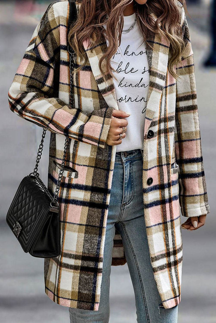 Pink Plaid Button Up Lapel Jacket - Fashion Queen -  3