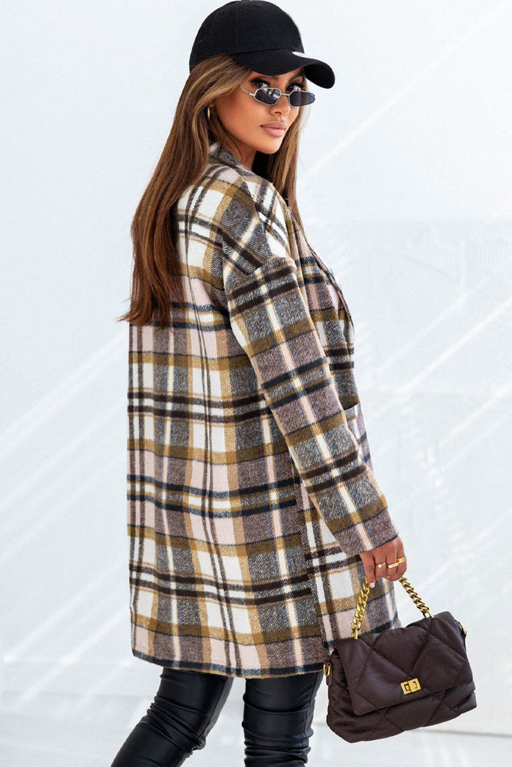 Pink Plaid Button Up Lapel Jacket - Fashion Queen -  5
