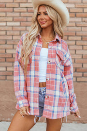 Pink Plaid Flap Pocket Button Up Shacket - Fashion Queen -  1