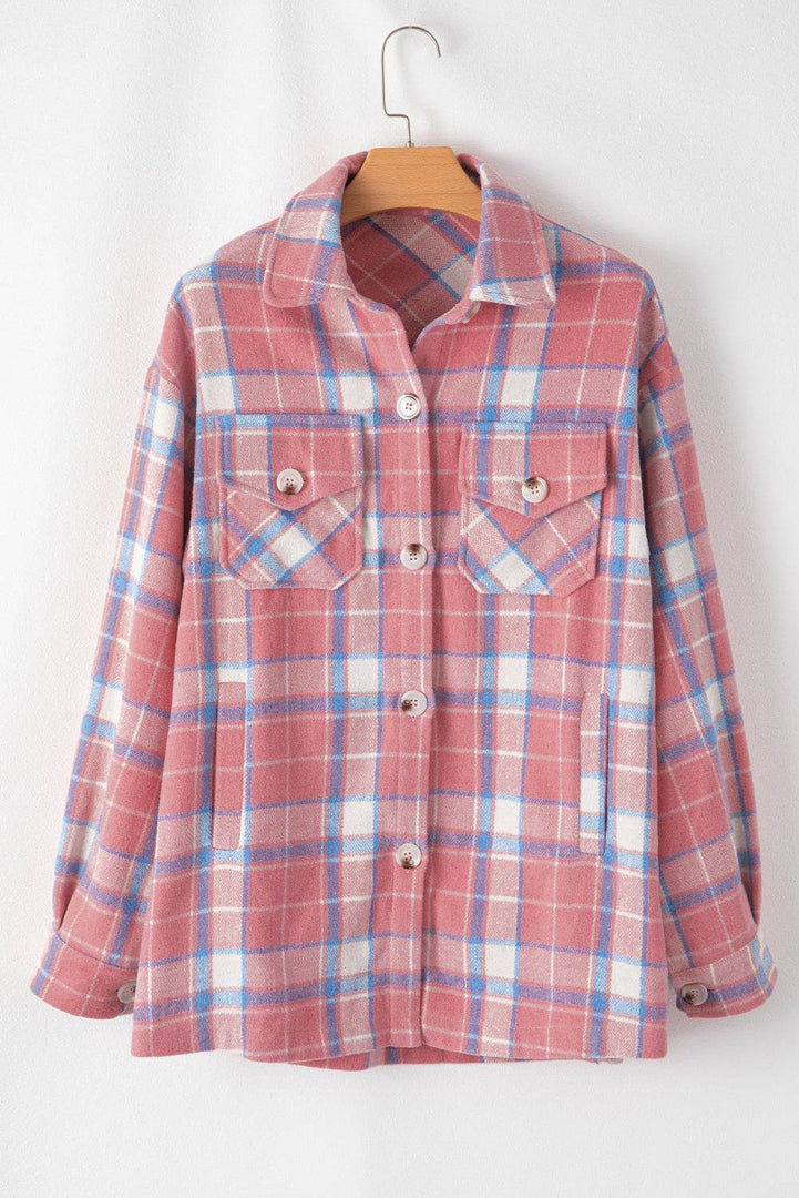Pink Plaid Flap Pocket Button Up Shacket - Fashion Queen -  11