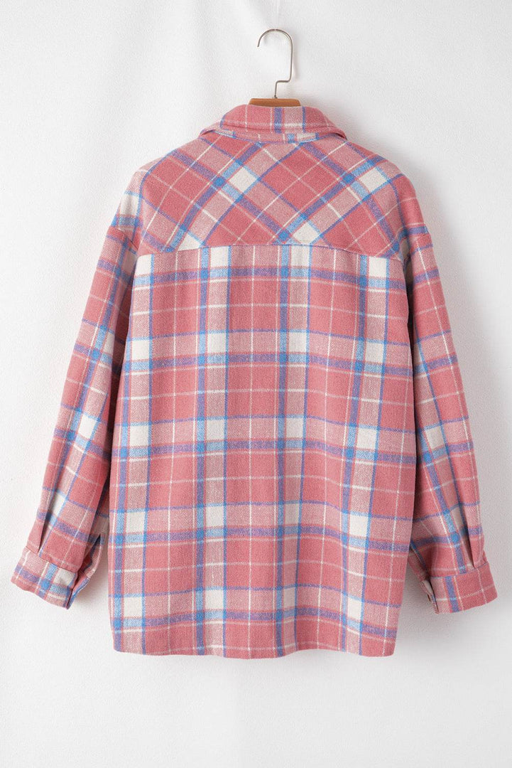 Pink Plaid Flap Pocket Button Up Shacket - Fashion Queen -  12
