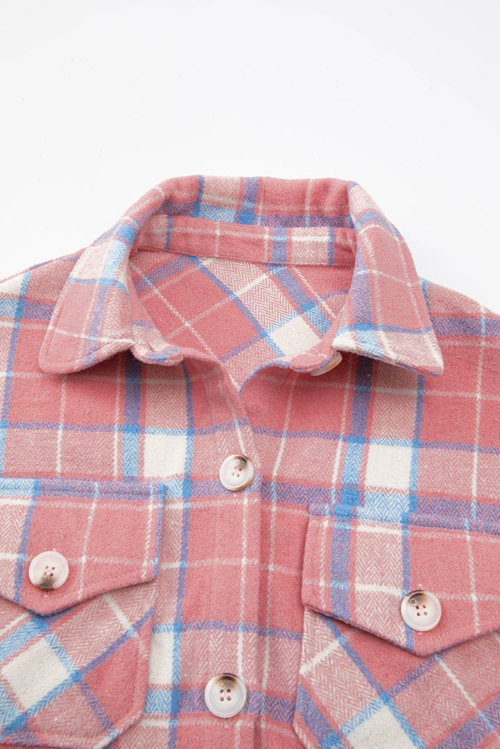 Pink Plaid Flap Pocket Button Up Shacket - Fashion Queen -  15