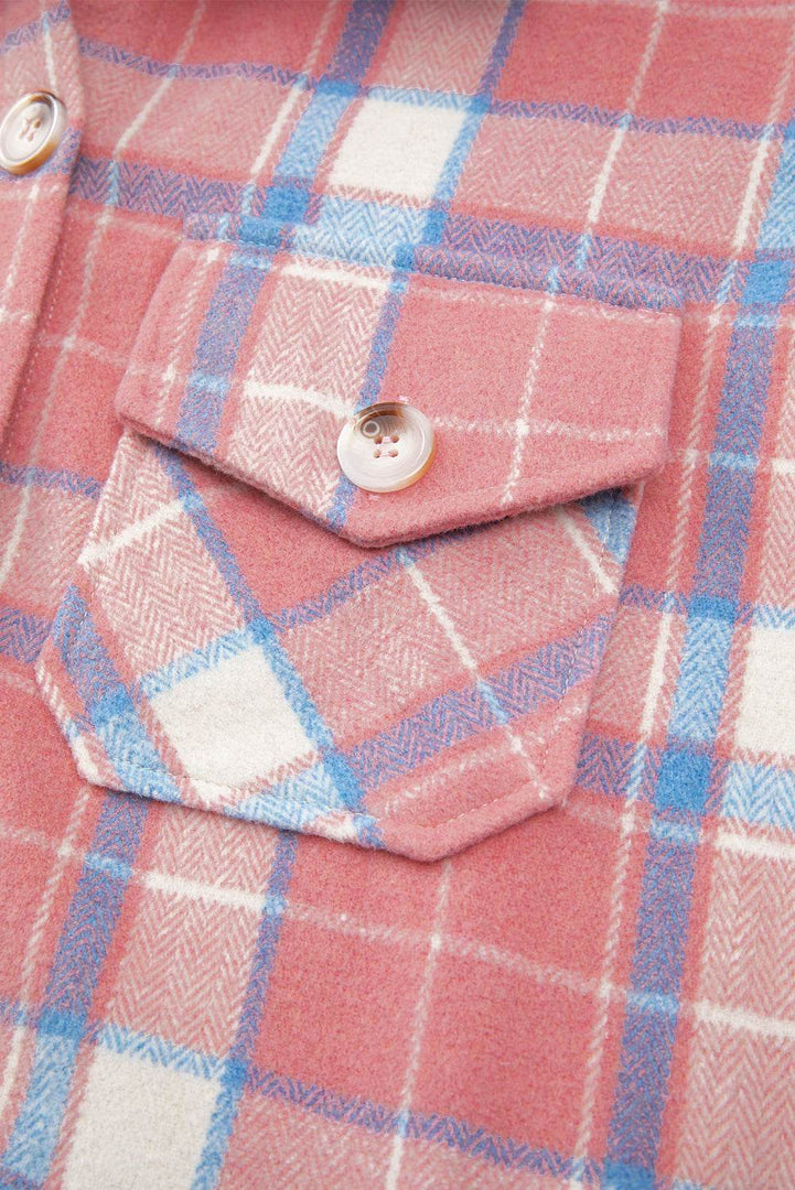 Pink Plaid Flap Pocket Button Up Shacket - Fashion Queen -  16