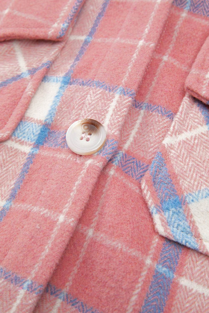 Pink Plaid Flap Pocket Button Up Shacket - Fashion Queen -  17