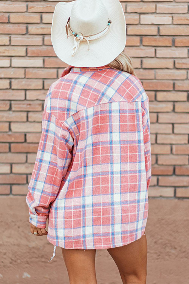 Pink Plaid Flap Pocket Button Up Shacket - Fashion Queen -  2