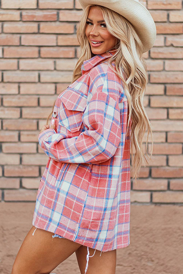 Pink Plaid Flap Pocket Button Up Shacket - Fashion Queen -  3