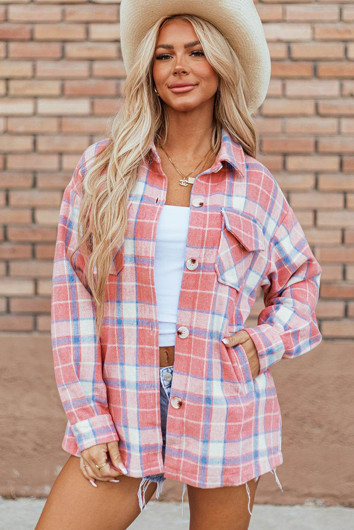 Pink Plaid Flap Pocket Button Up Shacket - Fashion Queen -  4