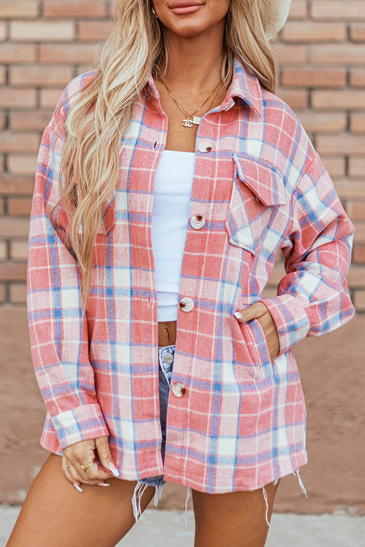 Pink Plaid Flap Pocket Button Up Shacket - Fashion Queen -  8