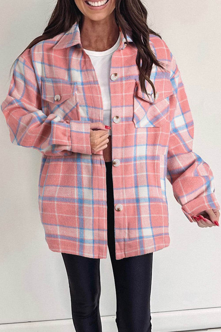 Pink Plaid Flap Pocket Button Up Shacket - Fashion Queen -  9