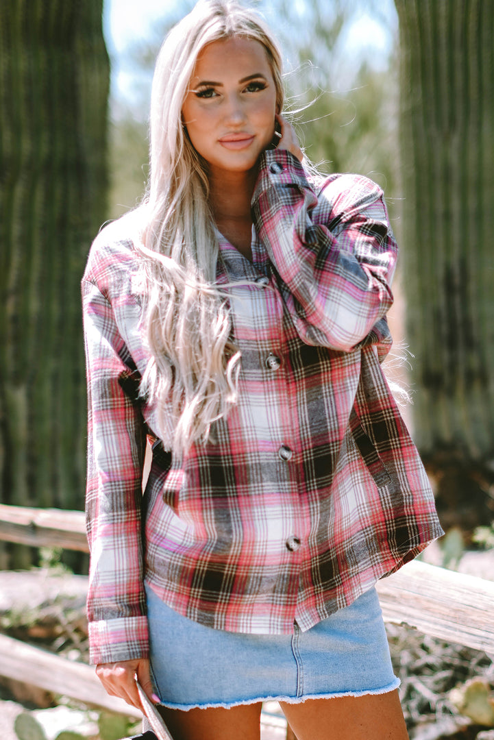 Pink Plaid Flap Pocket Button Up Shacket - Outerwear/Plaid Shackets - Fashion Queen