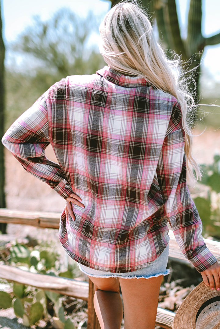 Pink Plaid Flap Pocket Button Up Shacket - Outerwear/Plaid Shackets - Fashion Queen