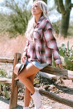 Load image into Gallery viewer, Pink Plaid Flap Pocket Button Up Shacket - Outerwear/Plaid Shackets - Fashion Queen
