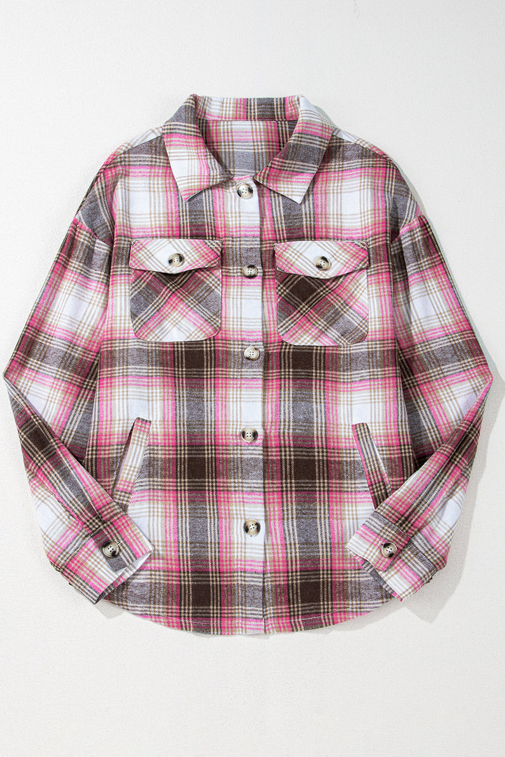 Pink Plaid Flap Pocket Button Up Shacket - Outerwear/Plaid Shackets - Fashion Queen