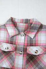 Load image into Gallery viewer, Pink Plaid Flap Pocket Button Up Shacket - Outerwear/Plaid Shackets - Fashion Queen
