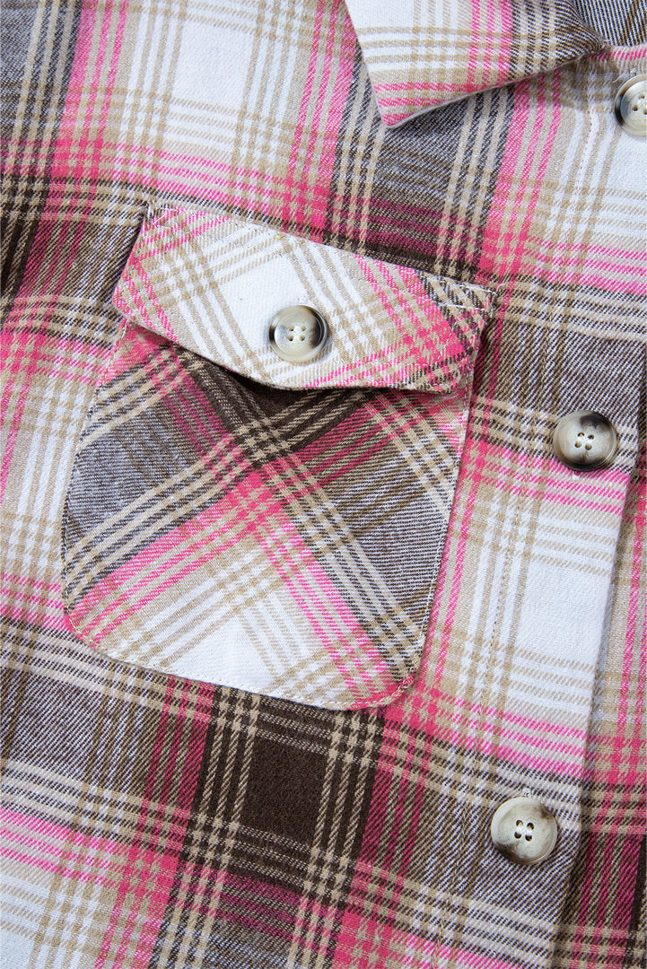 Pink Plaid Flap Pocket Button Up Shacket - Outerwear/Plaid Shackets - Fashion Queen