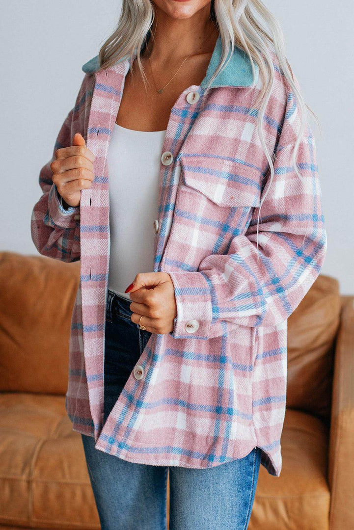 Pink Plaid Print Color Block Collared Flap Pockets Loose Shacket - Fashion Queen -  1