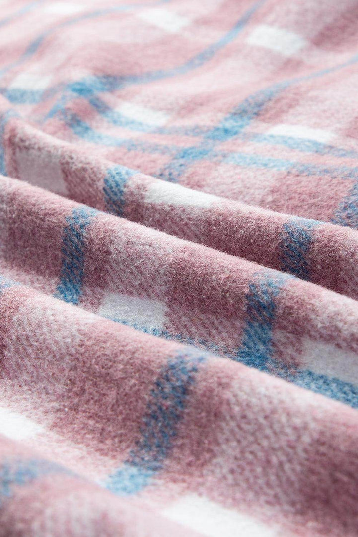 Pink Plaid Print Color Block Collared Flap Pockets Loose Shacket - Fashion Queen -  12