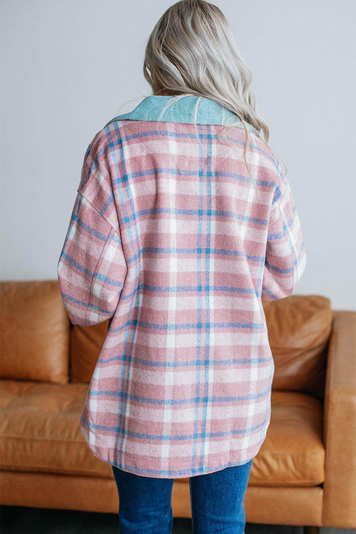 Pink Plaid Print Color Block Collared Flap Pockets Loose Shacket - Fashion Queen -  3